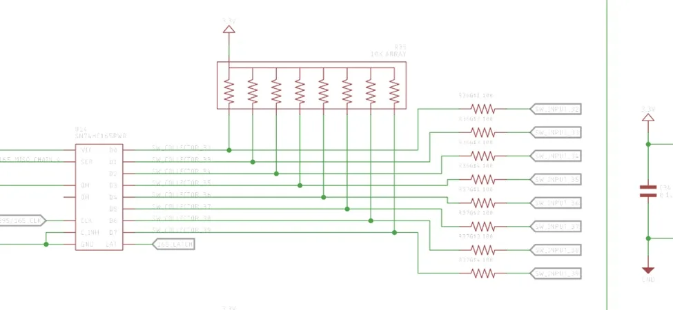Outputs of a 74HC595 shift register pulled up to ensure power on signal state is deterministic.