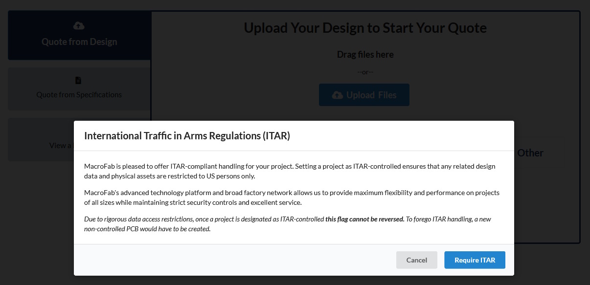 Uploading an ITAR controlled PCB to the MacroFab Platform.