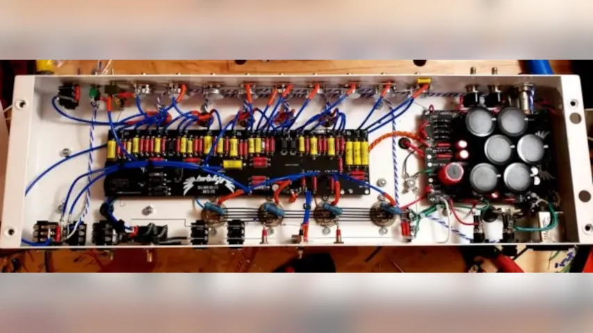 Inside the amplifier Stephen rebuilt recently. Mike Ikes for resistors and capacitors!