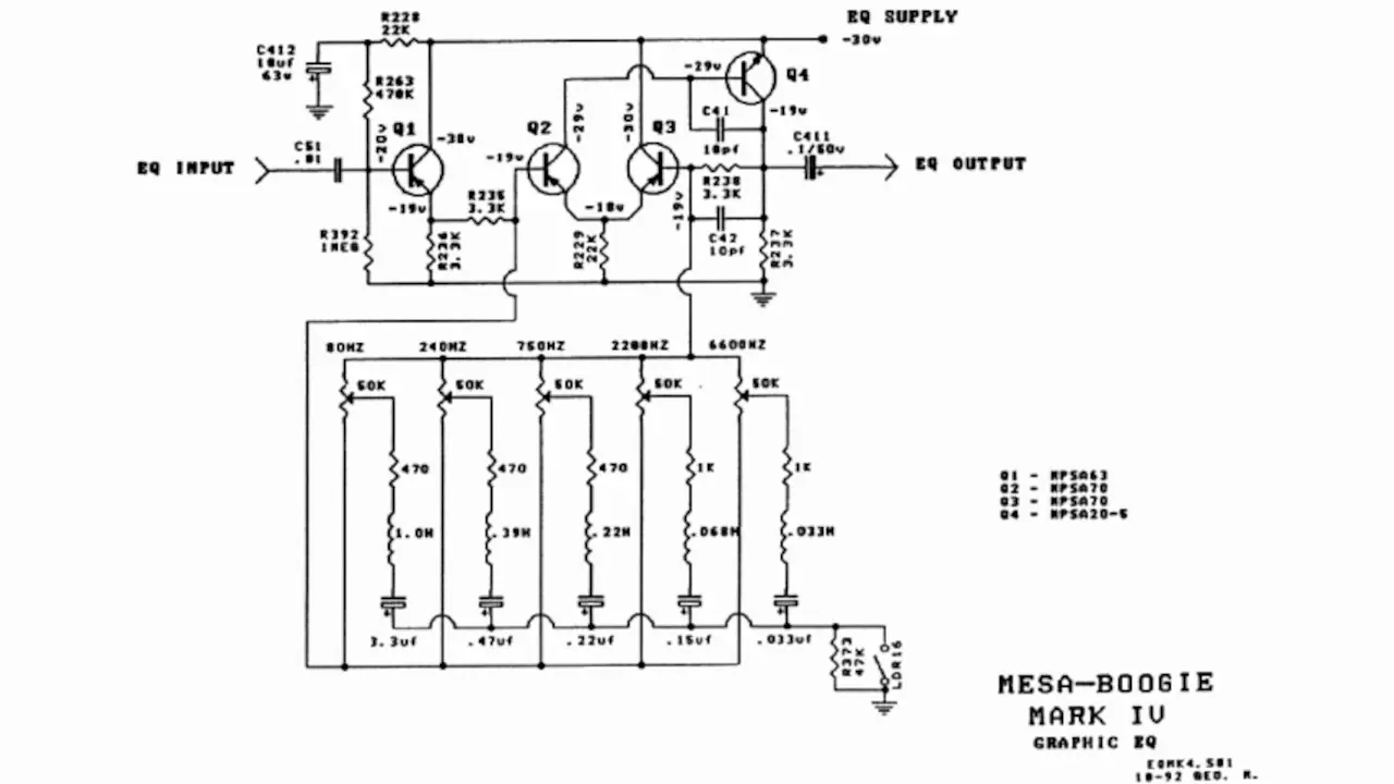 Mesa-boogie Mark IV EQ circuit that uses a discrete transistor “opamp” circuit.