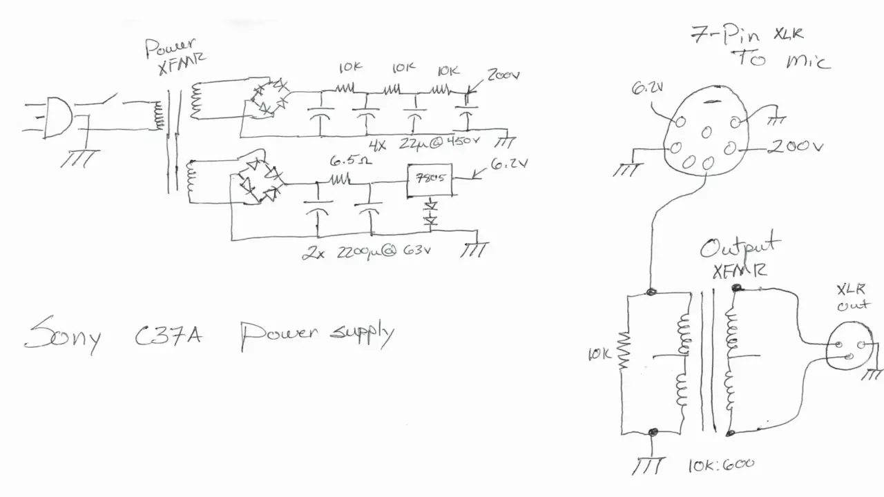 Figure 1: Schematic for the power supply Stephen made for Josh’s microphone. Drawn by Stephen.