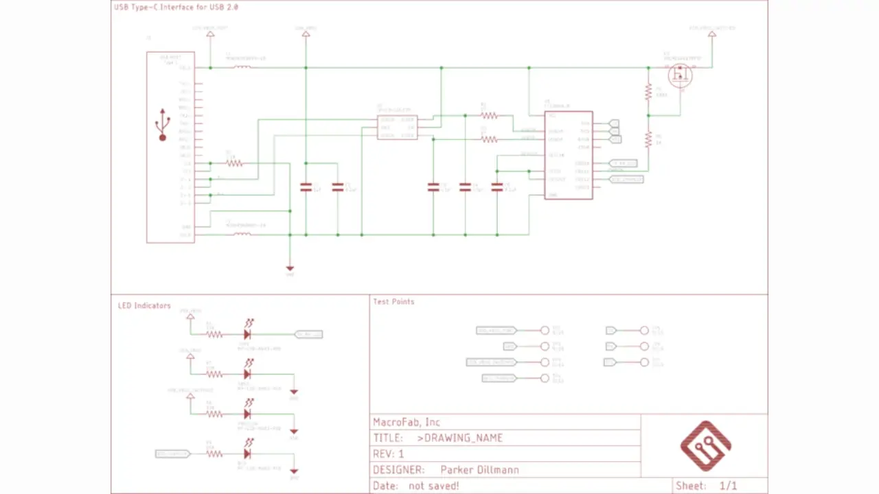 Schematic for the USB Type-C interface for USB 2.0 using a FT230X as a USB to UART bridge.
