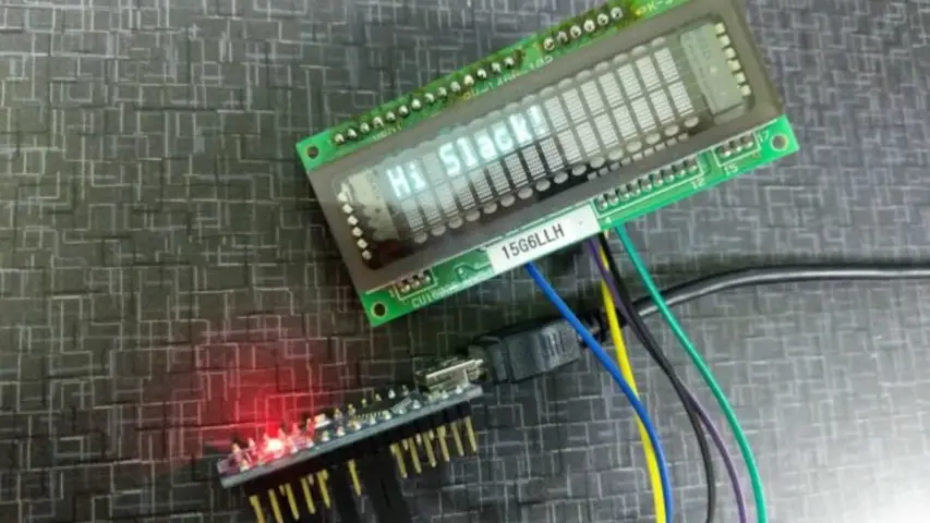 VFD working with an Arduino Nano. VFD part number CU16025-UW6J. Noritake has some really easy to use Arduino libraries for it!